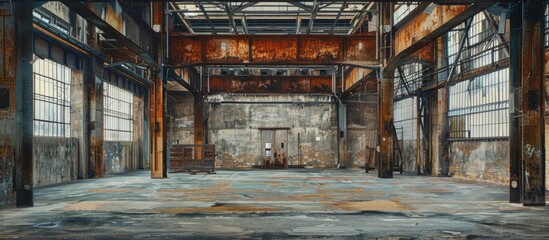 The painting depicts a deserted building with numerous windows, showcasing the facade of the factory. The structure appears to be made of composite materials, with wooden fixtures and flooring - obrazy, fototapety, plakaty