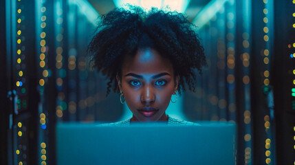 mujer mirando la pantalla de un portátil en una sala de servidores, con luces led en los servidores - obrazy, fototapety, plakaty