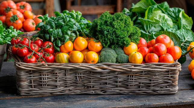 Cesta de frutas y verduras, tomates, naranjas, espinacas, br&oacute;coli y otras verduras en la cesta y sobre una mesa con tablero de madera