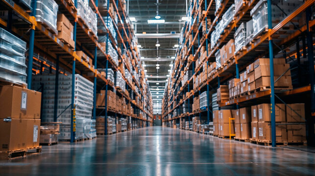 Gran almac&eacute;n con muchas estanter&iacute;as cajas y embalajes, pasillo ancho con suelo limpio y oscuro