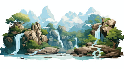Fantasy landscape with waterfalls panorama. .. Flat v