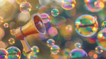 Fotobehang A muted megaphone floats among colorful, reflective soap bubbles on a blurred background. © BBestiny