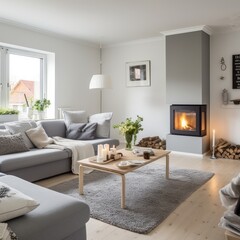 Naklejka na ściany i meble Cozy Living Room With Fireplace and Furniture