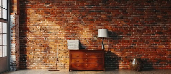 The room features a brick wall, a lamp, a dresser, and a window. The brickwork adds character to the space, while the hardwood flooring complements the building material