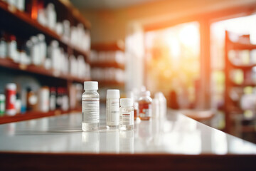 Shelves with medicines in a modern pharmacy. Pharmacy and medicine concept.