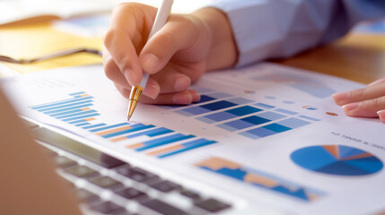 Financial overview of the hand pointing at a presentation chart on paper with colorful graphs and charts
