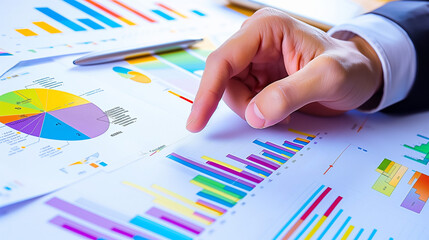 Financial overview of the hand pointing at a presentation chart on paper with colorful graphs and charts