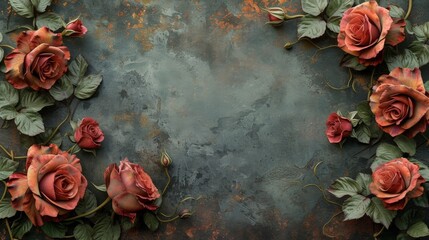 Beautiful red roses on a grungy background with copy space, top view for your text
