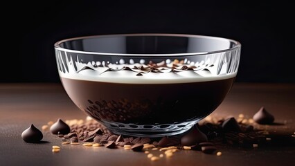 Breakfast bowl with cereal and chocolate on a dark background, chocolate scattered, side view, space for text.