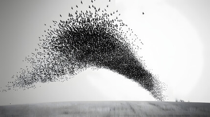 black and white photo of a clear sky, funneling of bird murmuration, from a loose assembling into a...