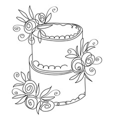 Delicious birthday cake with rose cream flowers. Sweet dessert for party. Isolated element, doodle style, line art. Hand drawn vector illustration white background for cards, menu, banner, packaging.