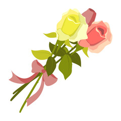 Buquet of delicate roses with a pink bow. Blooming pink and yellow garden rose flowers on a stem with green leaves. Hand drawn vector illustration white background for the design wedding invitations.
