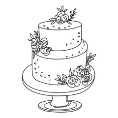 Wedding multi-layer cake on a stand decorated with cream roses. Hand drawn vector illustration outline style on white background for cards, print, menu, banner, packaging.