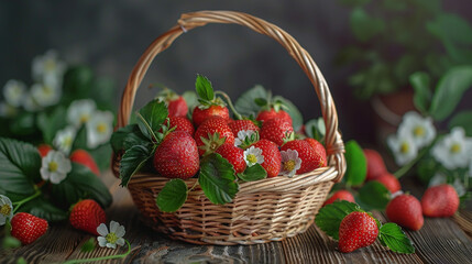 Fototapeta na wymiar A basket of strawberries on the table with green leaves and white flowers scattered around, fresh and juicy strawberries, Illustration of a delicious berry.