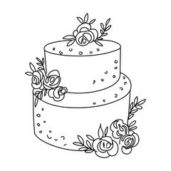 Contour black drawing of a delicious birthday cake with cream. Hand drawn vector illustration outline style on white background for menu, cards, print, banner, packaging.