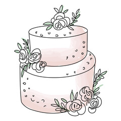 Very tasty wedding dessert. Multi-layer cake with cream rose decorations. Outline hand drawn vector illustration. Black graphics with pink watercolor stains. Design for cards, print, menu, packaging.