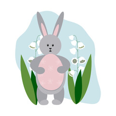 Cute bunny in a flower meadow holds an Easter egg. Festive spring card, banner. Happy easter. Hand drawn vector illustration in cartoon flat style.