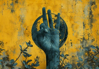 Abstract Hand Gesture Painting with Two Fingers Up on Yellow and Blue Background