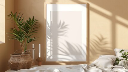 Poster mockup with vertical wooden frame in home interior background