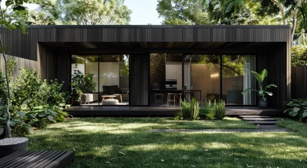 Foto op Plexiglas A small modern dark timber house with an open floor plan interior, large sliding glass doors leading to the backyard and a wooden deck area, and a dining table on one side © Kien