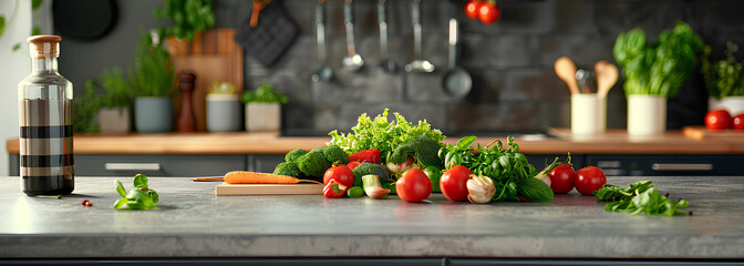 Fototapeta na wymiar food cooking concept, front view on fresh vegetables standing on wooden countertop