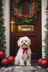 Dog on Christmas door background. Happy new year backdrop. Celebrating winter holidays card.