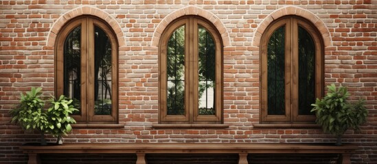 Fototapeta na wymiar A brick building featuring arched windows and a wooden bench, showcasing a symmetrical facade with rectangular shapes and a classic combination of brickwork and wood fixtures