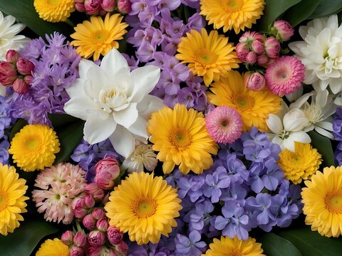 Bright floral background. Spring summer background. Festive floral background. Many spring summer flowers