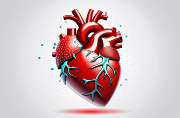 model of red human heart with veins isolated over plain background, reflection added