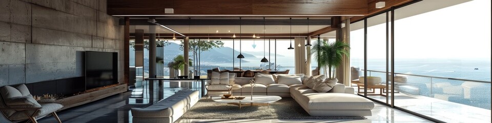 Comfortably Modern: A Stylish Living Room with Scenic Views and Elegant DÃ©cor