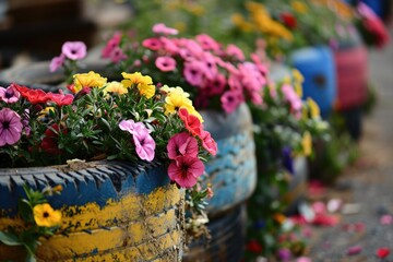 Colorful Tire Flowerbed: Repurposed Rubber Tires Blooming with Flowers - obrazy, fototapety, plakaty