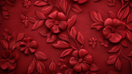 Luxurious Red Velvet Background with Intricate Floral Pattern and Leaves 3D Rendering for Textile and Wallpaper Design