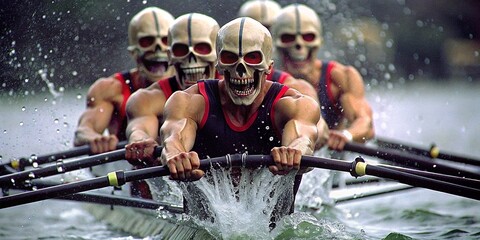 Close-up of Men's Quadruple Skulls Rowing Team - Sports Concept