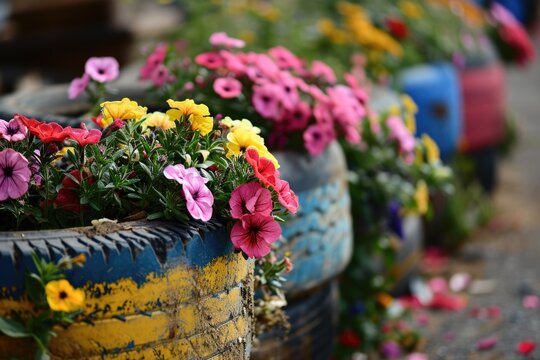 Colorful Tire Flowerbed: Repurposed Rubber Tires Blooming with Flowers