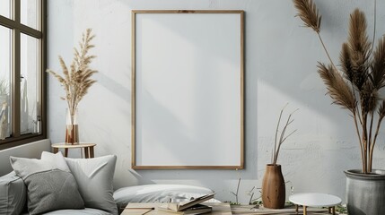Poster mockup with vertical wooden frame in home interior background