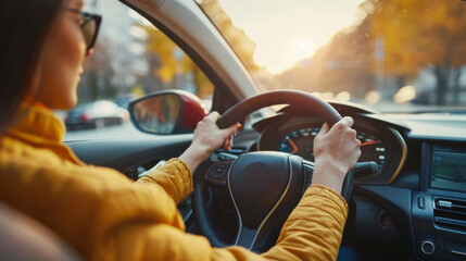 Woman driving car with hands on steering wheel