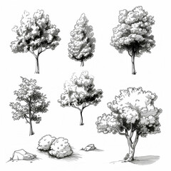 Black and white drawing of a tree on a white background.