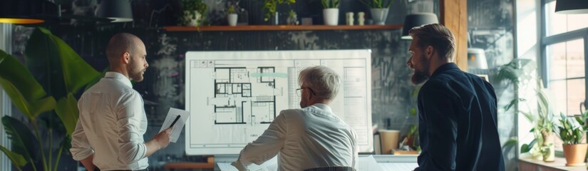 Fototapeta premium Professionals discussing project plans, office environment.