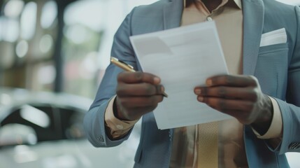 Businessman reviewing documents, blurred car showroom background. - obrazy, fototapety, plakaty