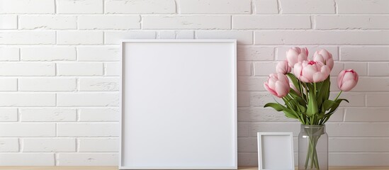 Photo of a table displaying a picture frame and a vase filled with delicate pink flowers