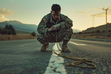 Soldier crouching on road with rope, dramatic sky.