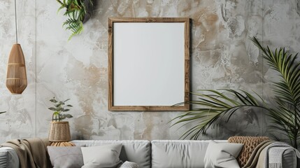 Poster mockup with vertical wooden frame in home interior background