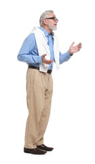 Senior man greeting someone on white background