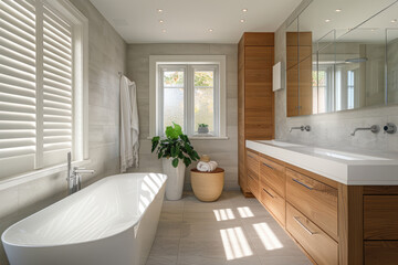 Fototapeta na wymiar A spacious bathroom with grey tiles, wooden accents and large windows for natural light