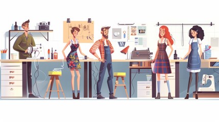 Obraz premium Vector illustration of sewing workshop, stylized and colorful.