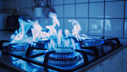 Closeup shot of blue fire from domestic kitchen stove top. Gas cooker with burning flames of propane gas - obrazy, fototapety, plakaty