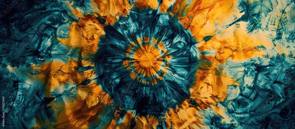 Canvas Prints A macro photograph showcasing a symmetrical and creative tie dye pattern in electric blue and yellow colors. The circular design resembles a plant organism, making it a work of art in creative arts