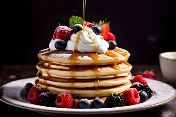 Stack fluffy pancakes topped with syrup, berries, and a dollop of whipped cream. Morning vibes for sweet food lovers. generative ai