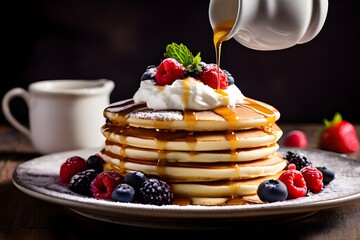 Stack fluffy pancakes topped with syrup, berries, and a dollop of whipped cream. Morning vibes for sweet food lovers. generative ai
