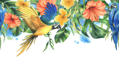 Tropical palm leaves, monstera and flowers of plumeria, hibiscus, bright with blue-yellow macaw parrot. Hand drawn watercolor botanical illustration. Seamless border is isolated from the background.